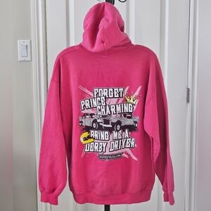 Pink "Forget Prince Charming" derbytees hoodie. Large.